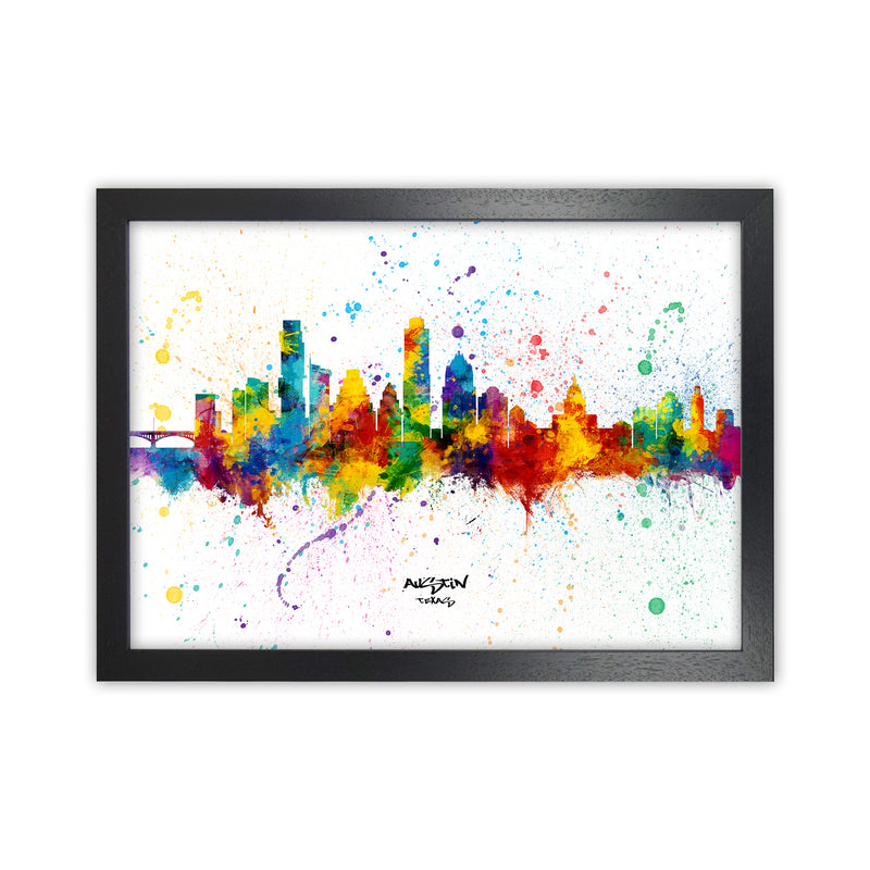 Austin Texas Skyline Splash Art Print by Michael Tompsett Black Grain