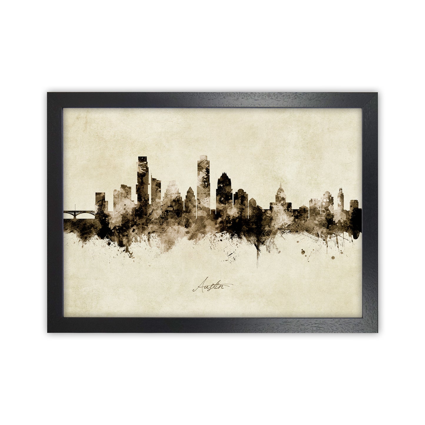 Austin Texas Skyline Vintage Art Print by Michael Tompsett Black Grain