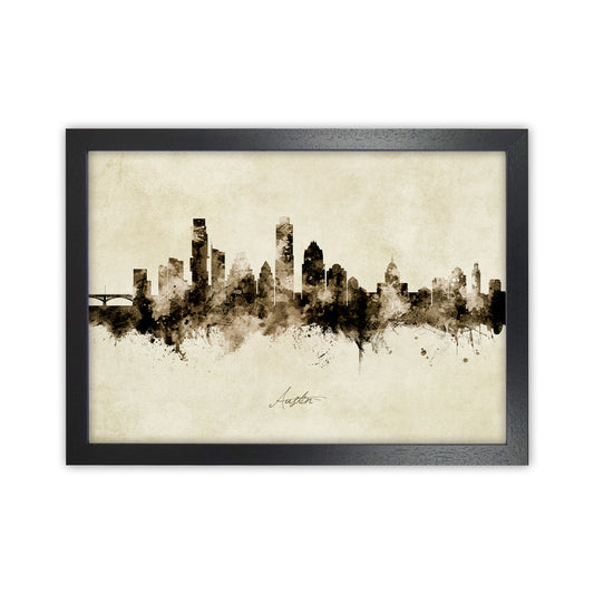Austin Texas Skyline Vintage Art Print by Michael Tompsett Black Grain