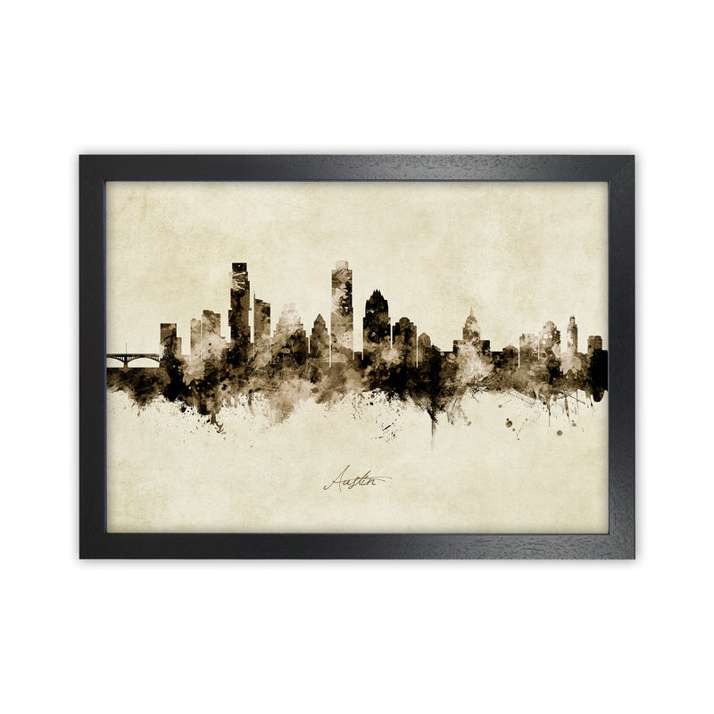 Austin Texas Skyline Vintage Art Print by Michael Tompsett Black Grain