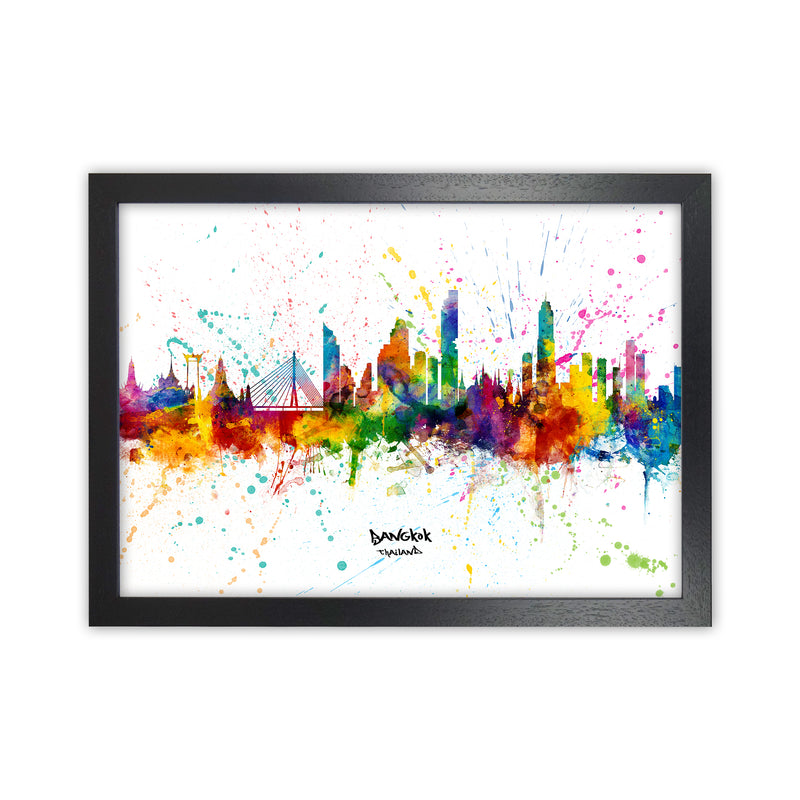 Bangkok Thailand Skyline Splash Art Print by Michael Tompsett Black Grain