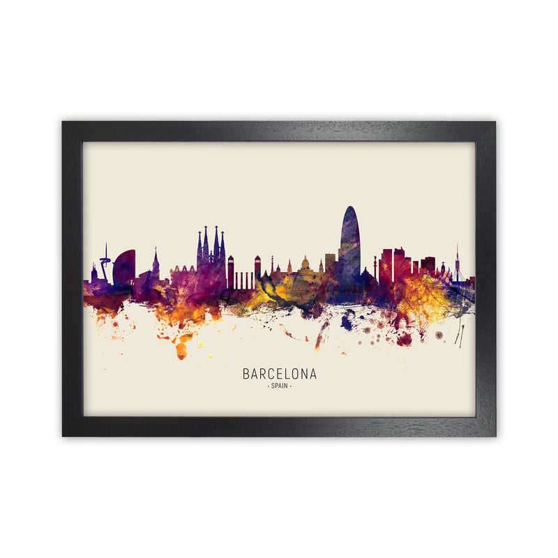 Barcelona Spain Skyline Autumn City Name Art Print by Michael Tompsett Black Grain