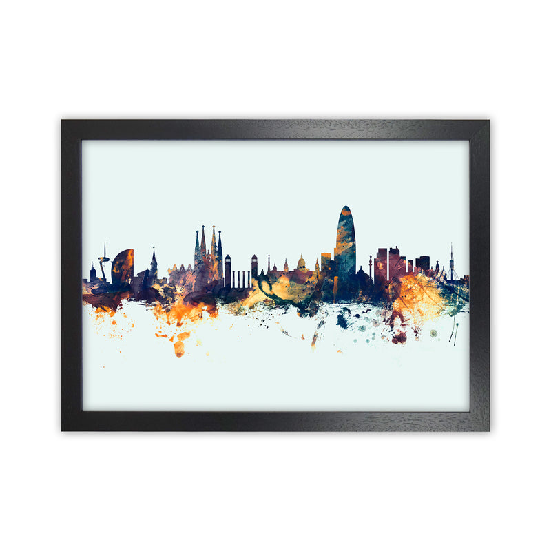 Barcelona Spain Skyline Blue Orange Art Print by Michael Tompsett Black Grain