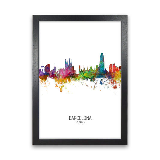 Barcelona Spain Skyline Portrait Art Print by Michael Tompsett Black Grain