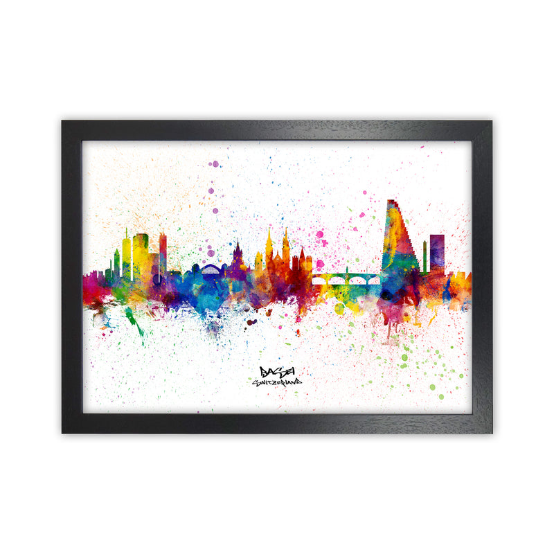 Basel Switzerland Skyline Splash Art Print by Michael Tompsett Black Grain