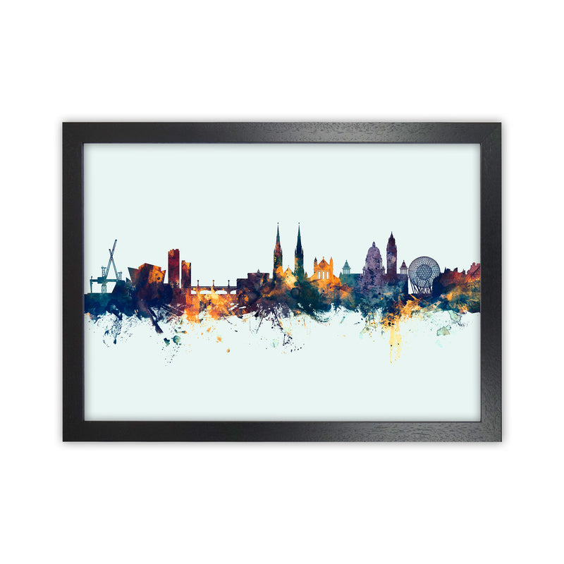 Belfast Northern Ireland Skyline Blue Orange Art Print by Michael Tompsett Black Grain