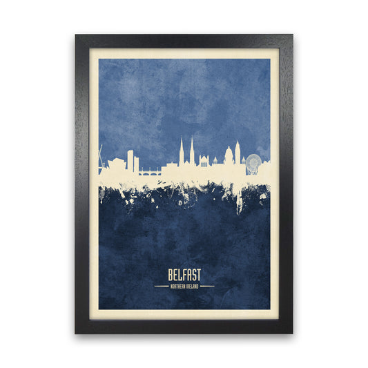 Belfast Northern Ireland Skyline Portrait Navy Art Print by Michael Tompsett Black Grain