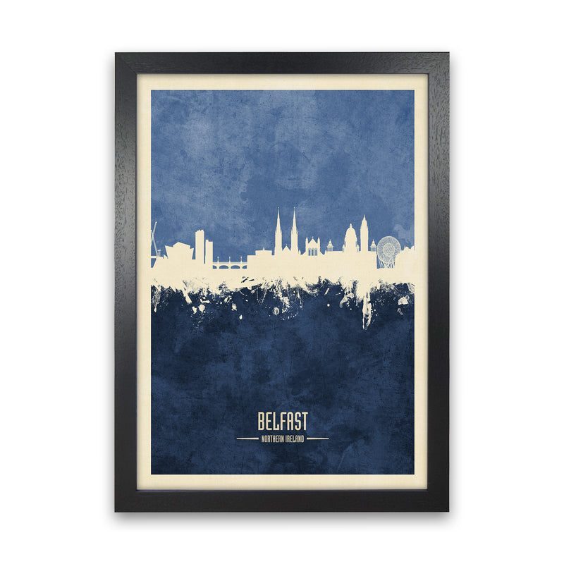 Belfast Northern Ireland Skyline Portrait Navy Art Print by Michael Tompsett Black Grain