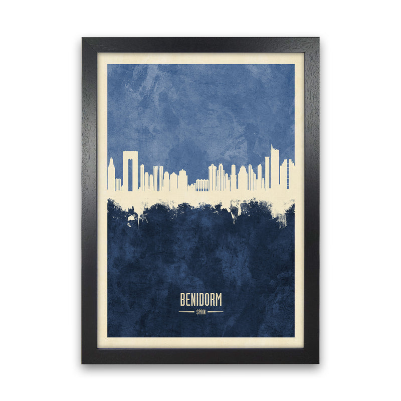 Benidorm Spain Skyline Portrait Navy Art Print by Michael Tompsett Black Grain