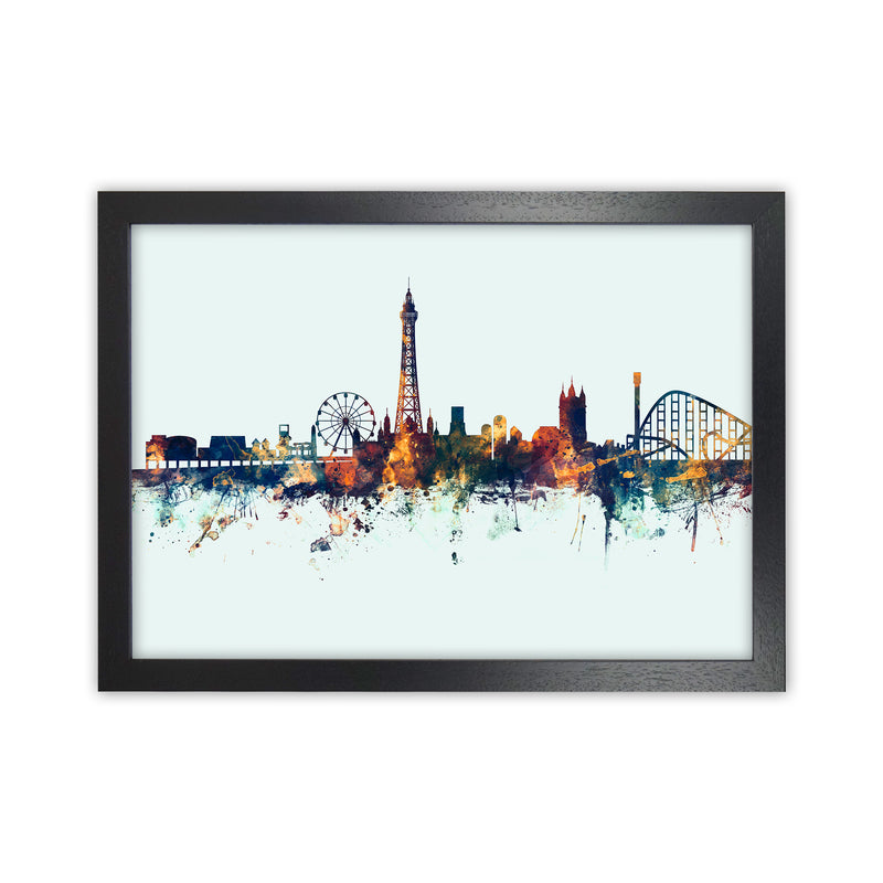Blackpool England Skyline Blue Orange Art Print by Michael Tompsett Black Grain