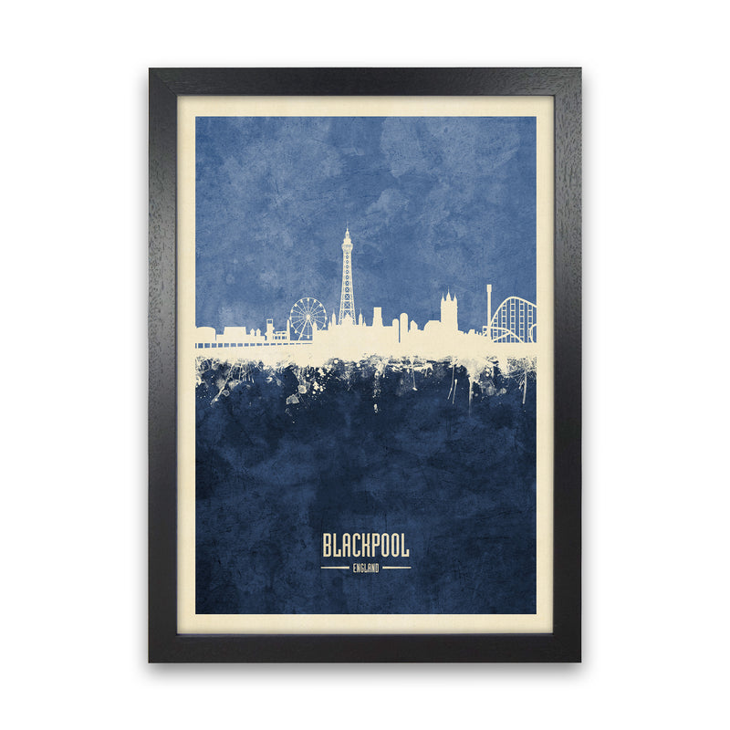 Blackpool England Skyline Portrait Navy Art Print by Michael Tompsett Black Grain
