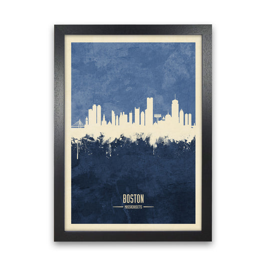 Boston Massachusetts Skyline Portrait Navy Art Print by Michael Tompsett Black Grain
