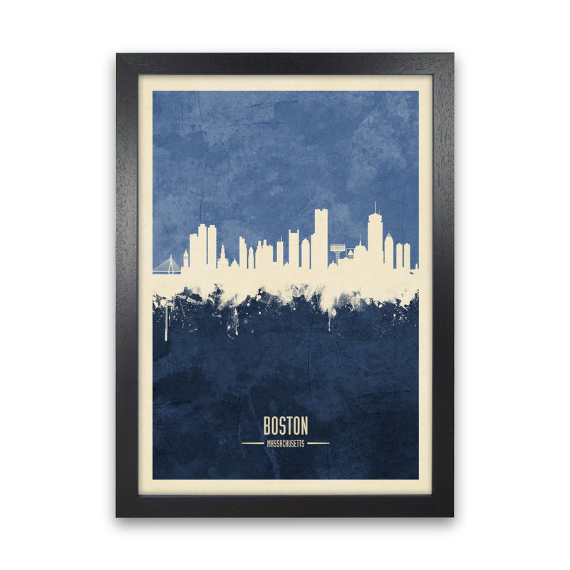 Boston Massachusetts Skyline Portrait Navy Art Print by Michael Tompsett Black Grain