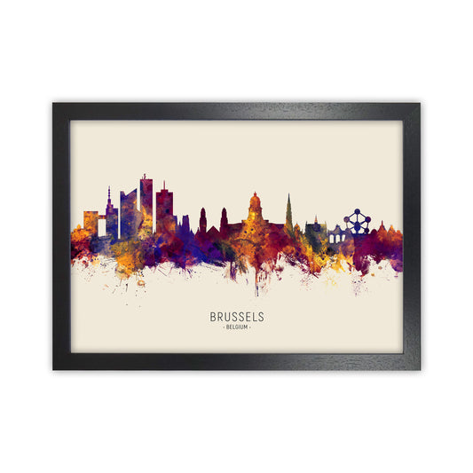 Brussels Belgium Skyline Autumn City Name Art Print by Michael Tompsett Black Grain
