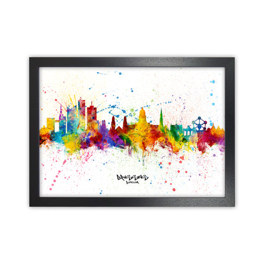 Brussels Belgium Skyline Splash Art Print by Michael Tompsett Black Grain