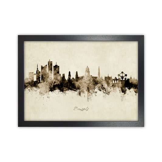 Brussels Belgium Skyline Vintage Art Print by Michael Tompsett Black Grain