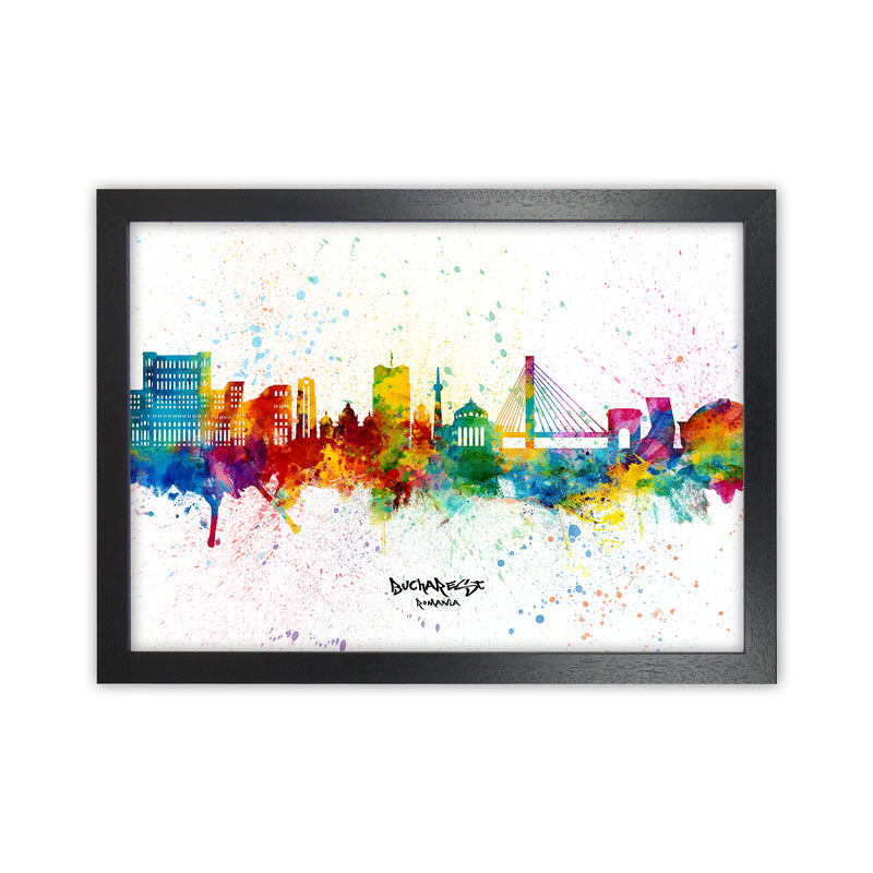 Bucharest Romania Skyline Splash Art Print by Michael Tompsett Black Grain