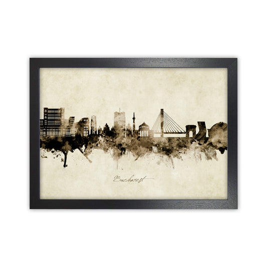 Bucharest Romania Skyline Vintage Art Print by Michael Tompsett Black Grain