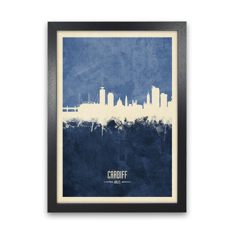 Cardiff Wales Skyline Portrait Navy Art Print by Michael Tompsett Black Grain