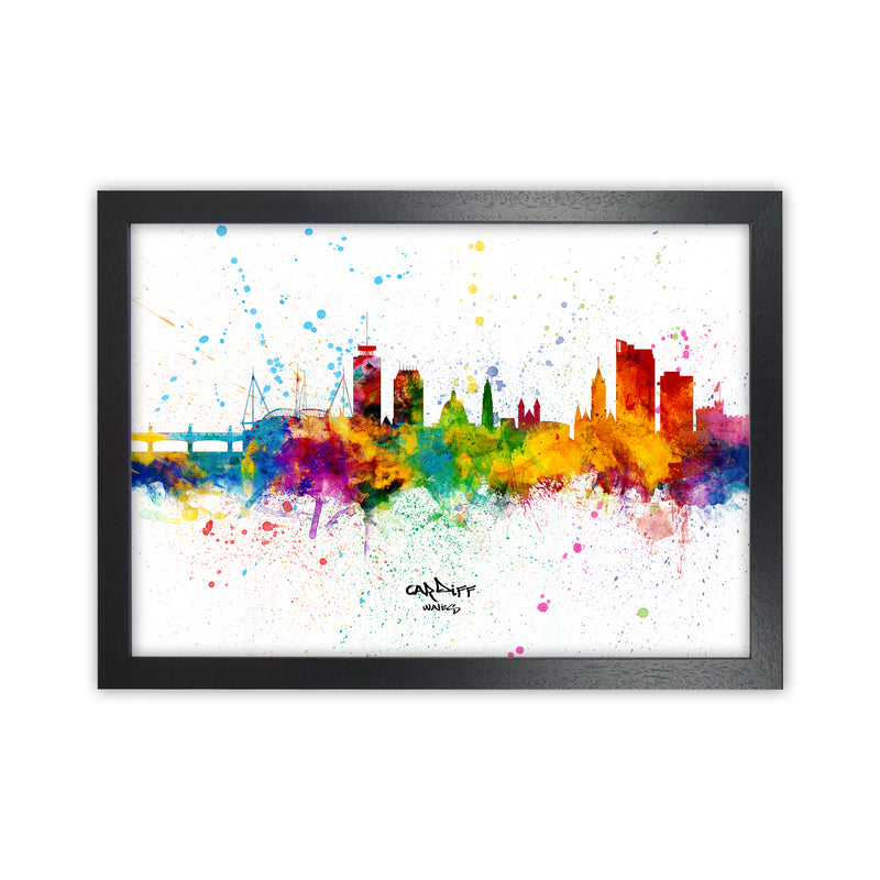Cardiff Wales Skyline Splash Art Print by Michael Tompsett Black Grain