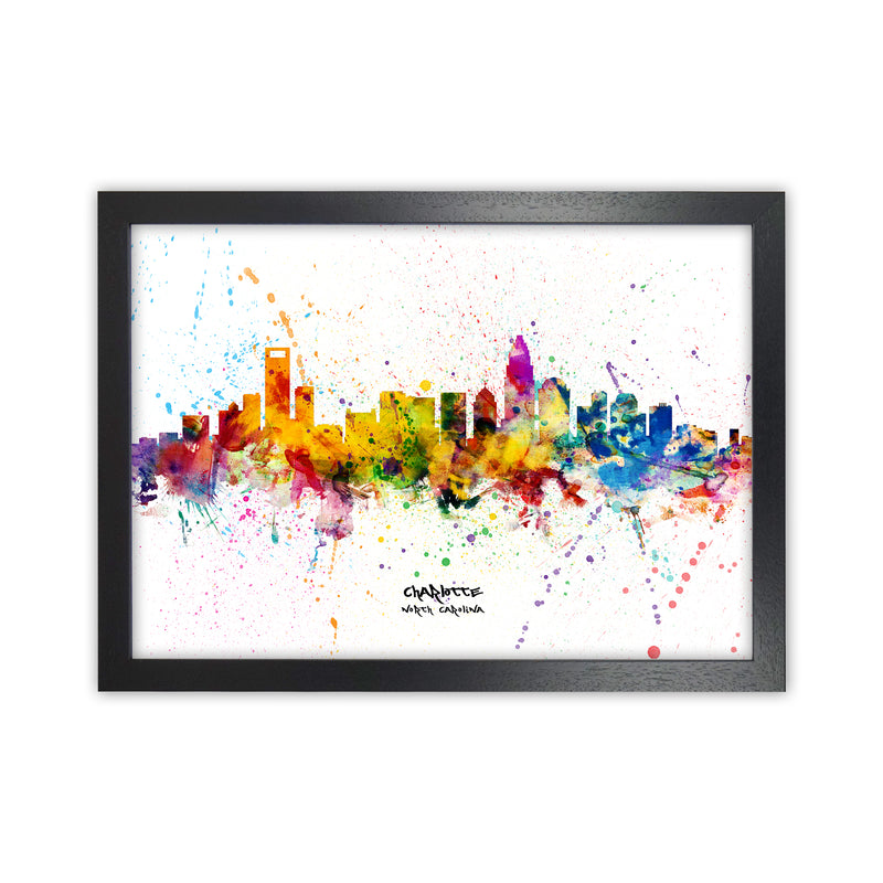 Charlotte North Carolina Skyline Splash Art Print by Michael Tompsett Black Grain