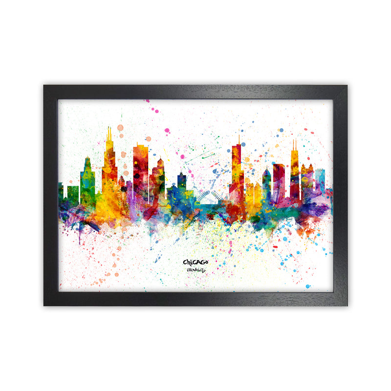 Chicago Illinois Skyline Splash Art Print by Michael Tompsett Black Grain