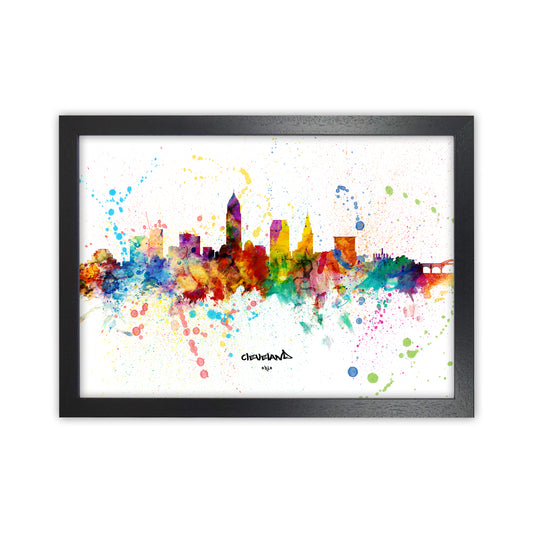 Cleveland Ohio Skyline Splash Art Print by Michael Tompsett Black Grain