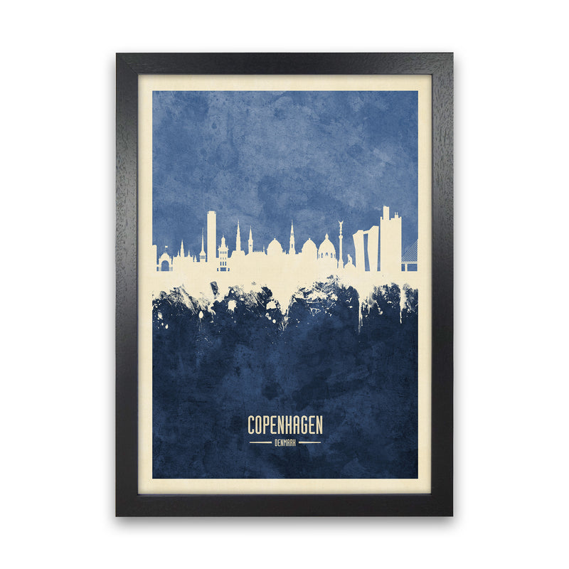 Copenhagen Denmark Skyline Portrait Navy Art Print by Michael Tompsett Black Grain