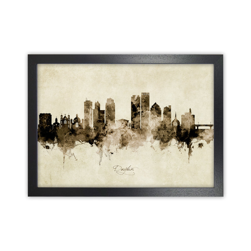 Dayton Ohio Skyline Vintage Art Print by Michael Tompsett Black Grain