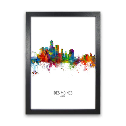 Des Moines Iowa Skyline Portrait Art Print by Michael Tompsett Black Grain