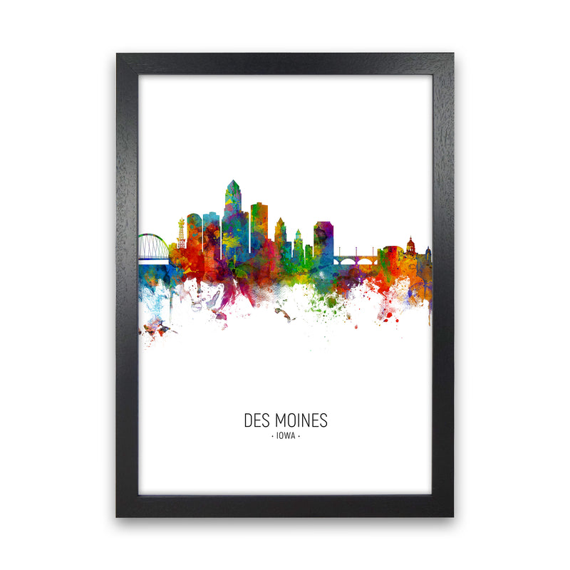 Des Moines Iowa Skyline Portrait Art Print by Michael Tompsett Black Grain