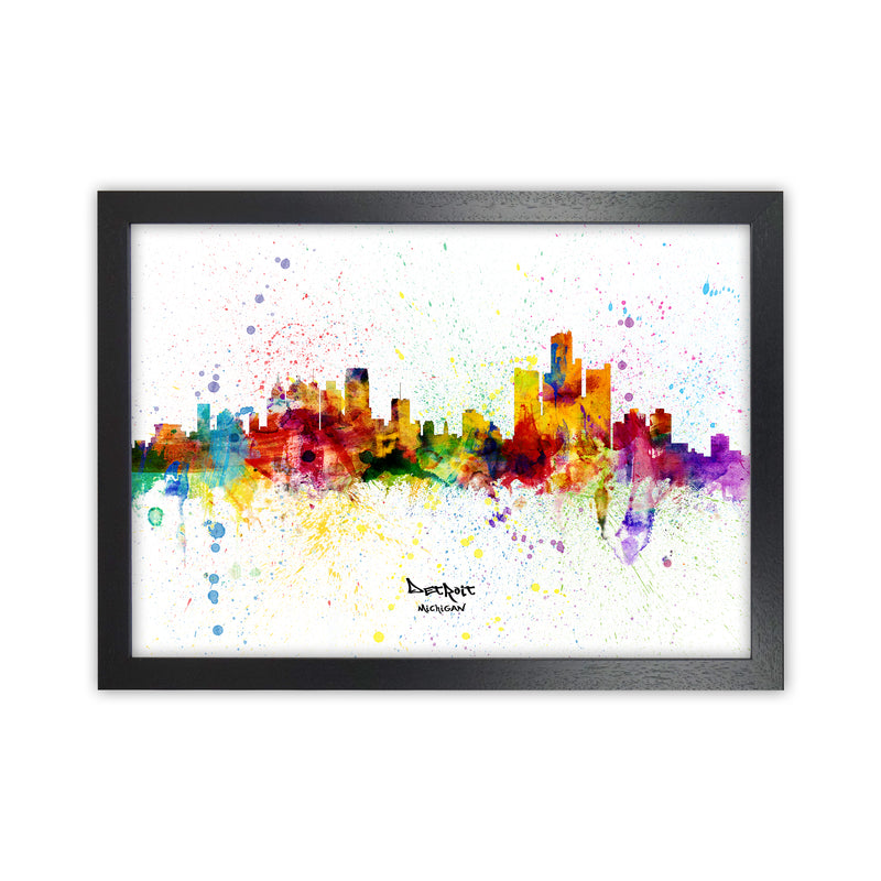 Detroit Michigan Skyline Splash Art Print by Michael Tompsett Black Grain