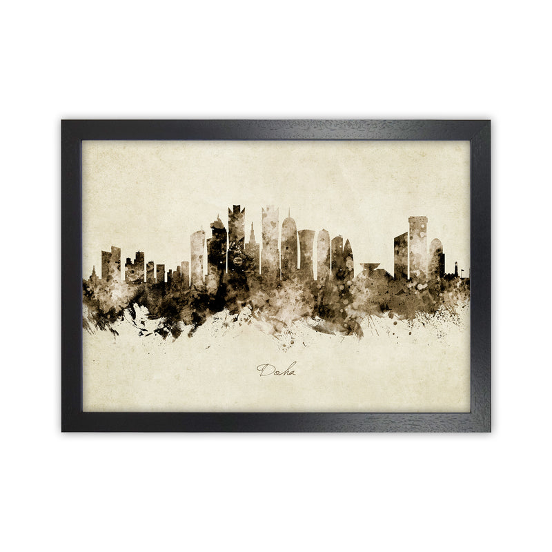 Doha Qatar Skyline Vintage Art Print by Michael Tompsett Black Grain