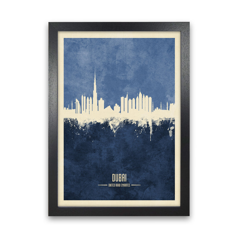 Dubai Uae Skyline Portrait Navy Art Print by Michael Tompsett Black Grain