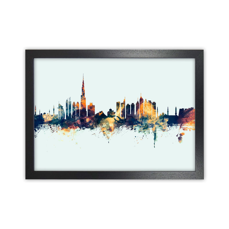 Dubai United Arab Emirates Skyline Blue Orange Art Print by Michael Tompsett Black Grain