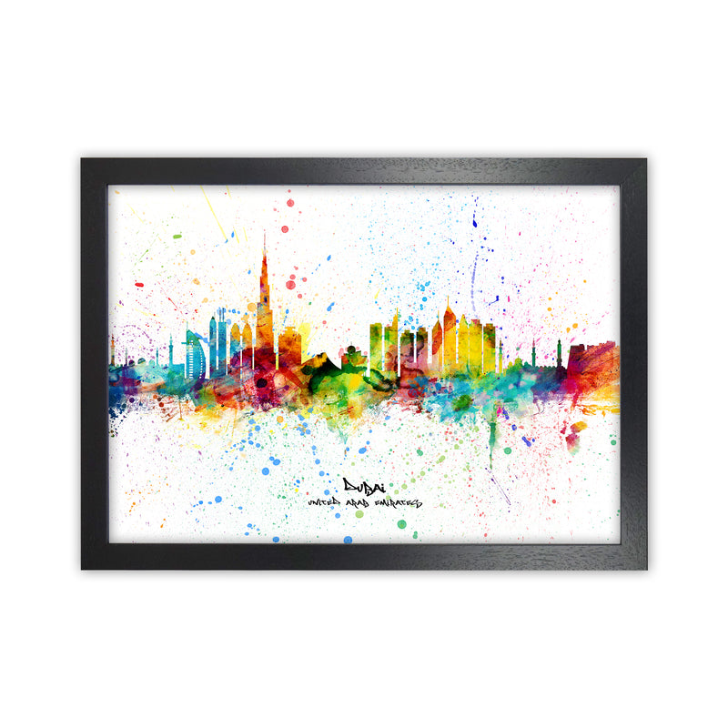 Dubai United Arab Emirates Skyline Splash Art Print by Michael Tompsett Black Grain