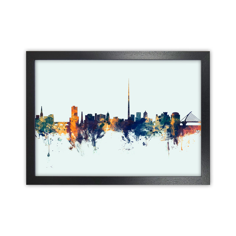 Dublin Ireland Skyline Blue Orange Art Print by Michael Tompsett Black Grain