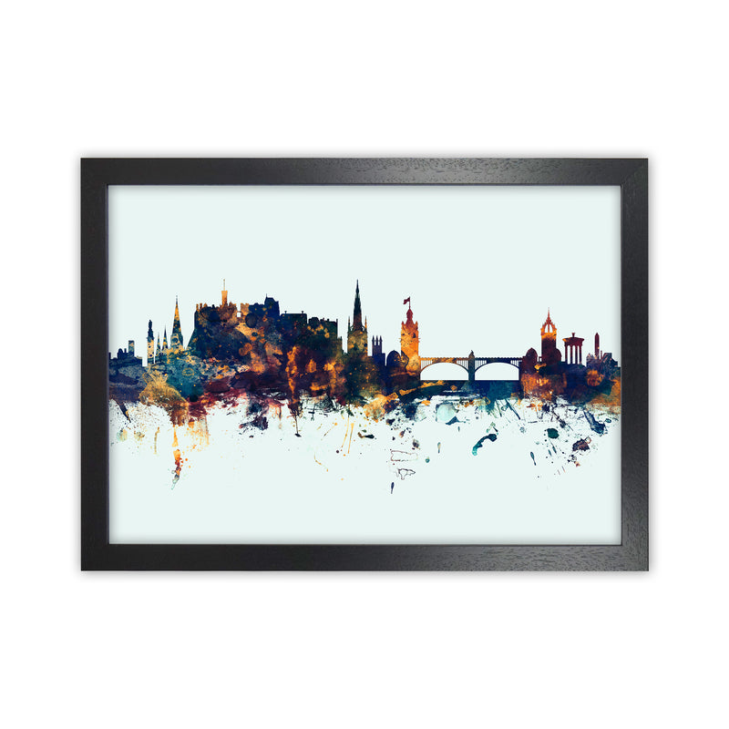 Edinburgh Scotland Skyline Blue Orange Art Print by Michael Tompsett Black Grain