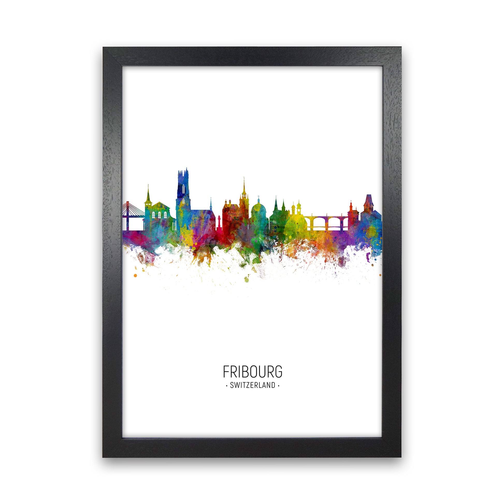 Fribourg Switzerland Skyline Portrait Art Print by Michael Tompsett Black Grain