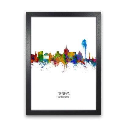 Geneva Switzerland Skyline Portrait Art Print by Michael Tompsett Black Grain