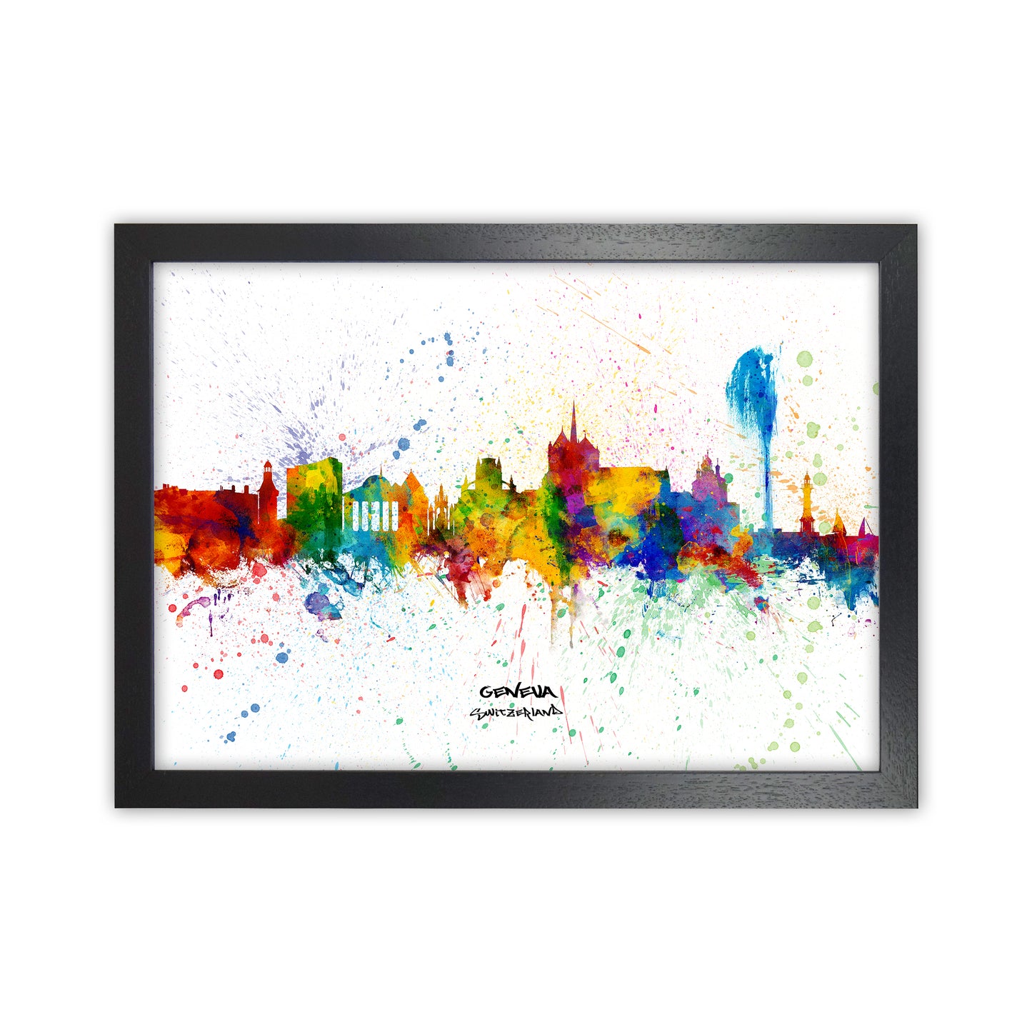 Geneva Switzerland Skyline Splash Art Print by Michael Tompsett Black Grain