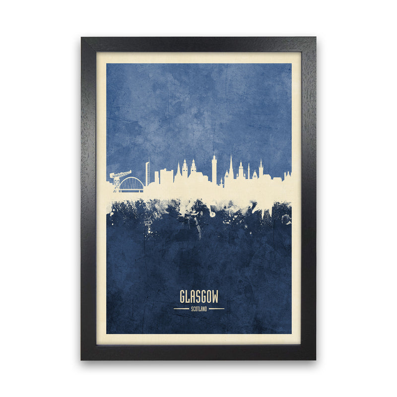 Glasgow Scotland Skyline Portrait Navy Art Print by Michael Tompsett Black Grain