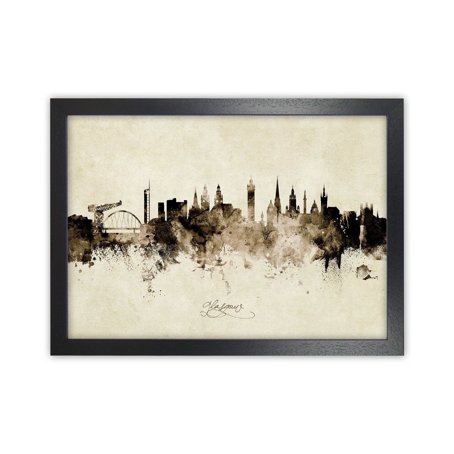 Glasgow Scotland Skyline Vintage Art Print by Michael Tompsett Black Grain