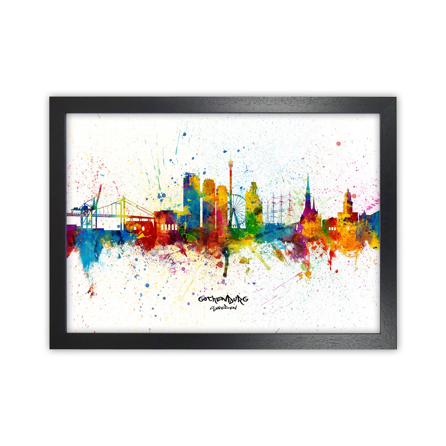 Gothenburg Sweden Skyline Splash Art Print by Michael Tompsett Black Grain