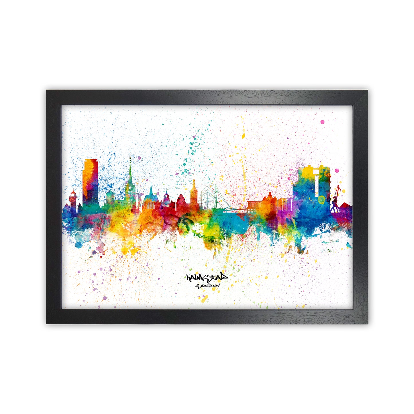 Halmstad Sweden Skyline Splash Art Print by Michael Tompsett Black Grain