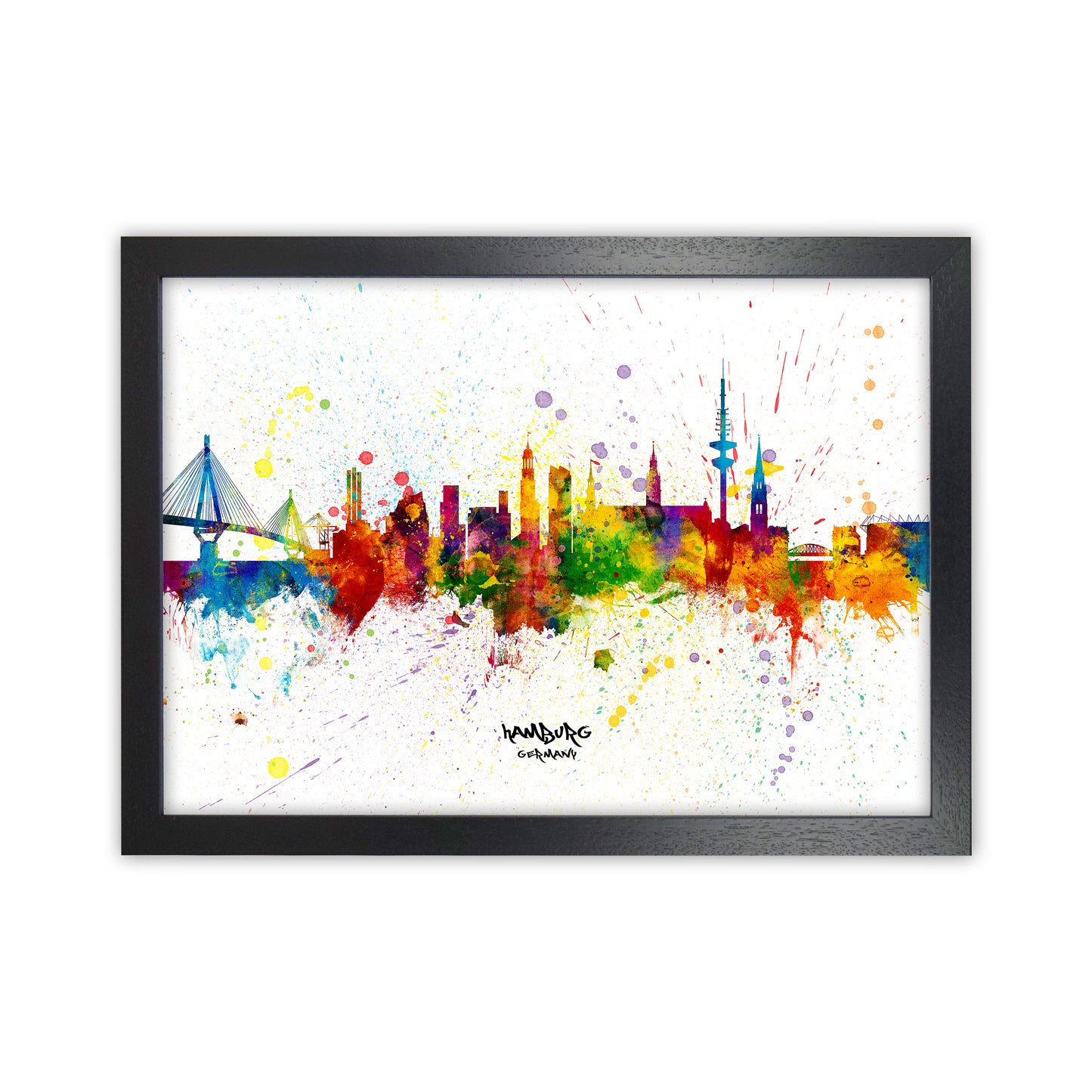 Hamburg Germany Skyline Splash Art Print by Michael Tompsett Black Grain