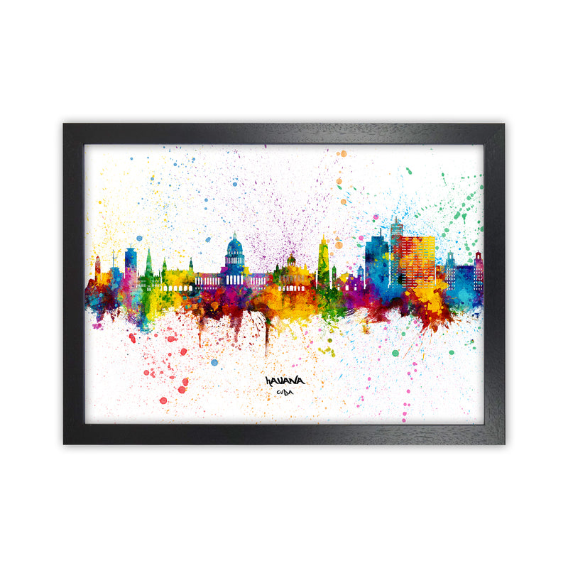Havana Cuba Skyline Splash Art Print by Michael Tompsett Black Grain