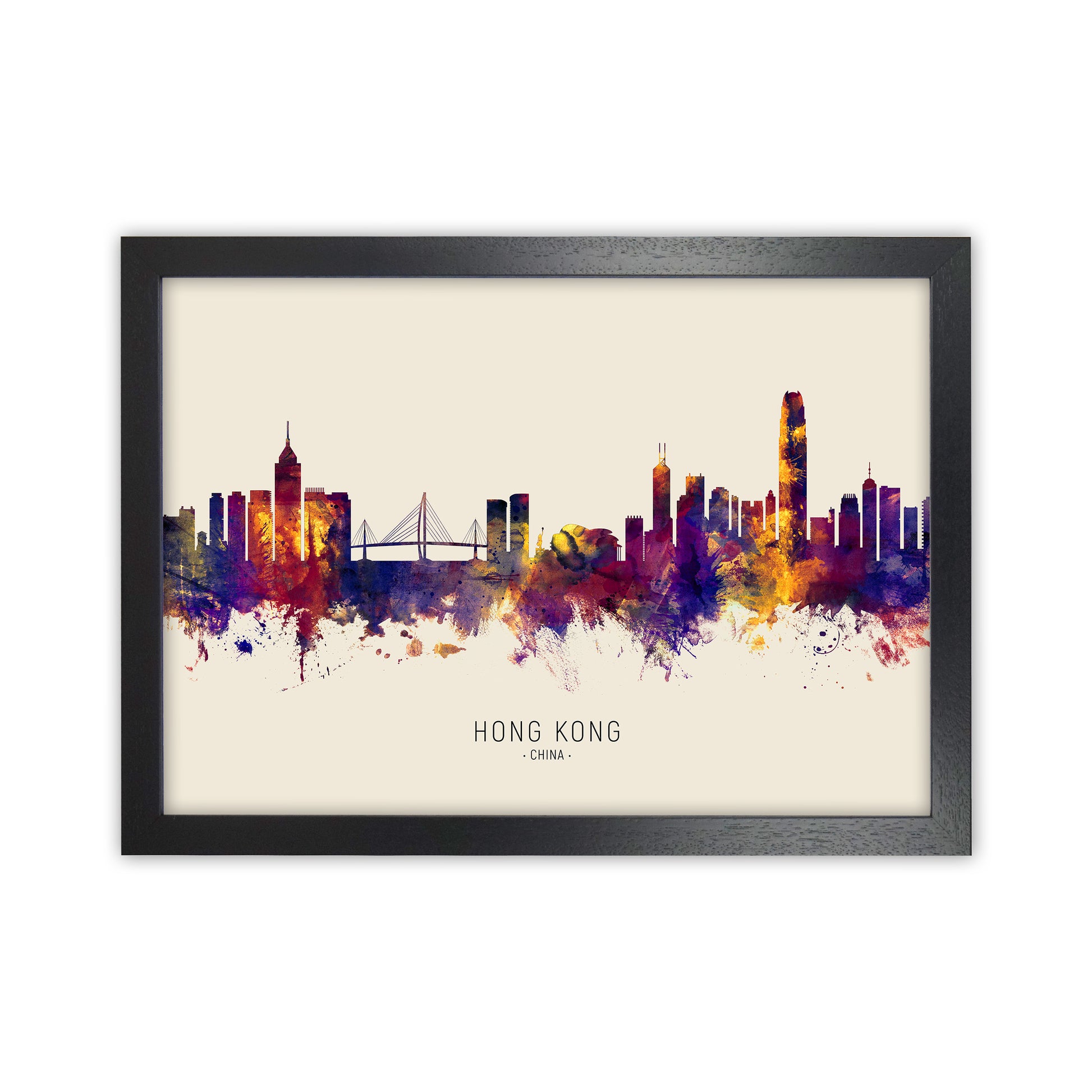 Hong Kong China Skyline Autumn City Name Art Print by Michael Tompsett Black Grain