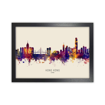 Hong Kong China Skyline Autumn City Name Art Print by Michael Tompsett Black Grain