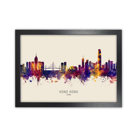 Hong Kong China Skyline Autumn City Name Art Print by Michael Tompsett Black Grain